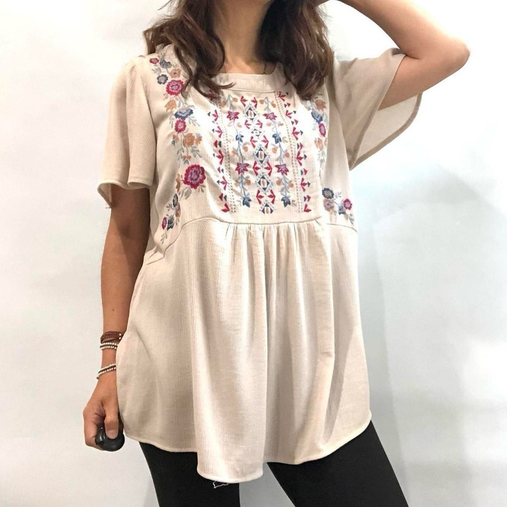 Knox Rose Blouse Short‎ Sleeve Embroidered Blouse Cream Beige XS Size